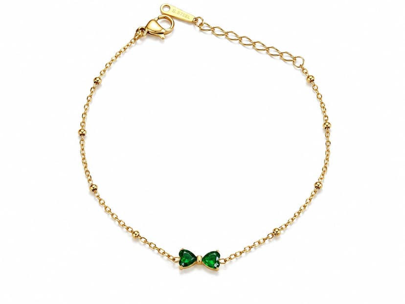 Gold Toned Green Bow Chain Bracelet