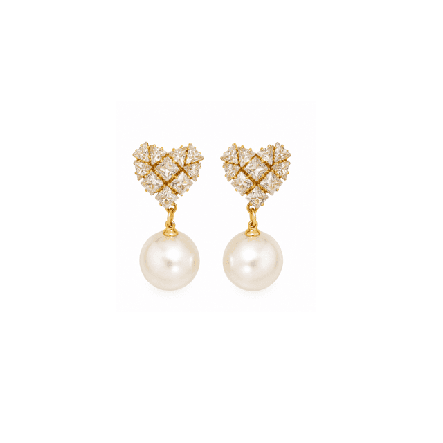 Crystal Heart Pearl Drop Earrings