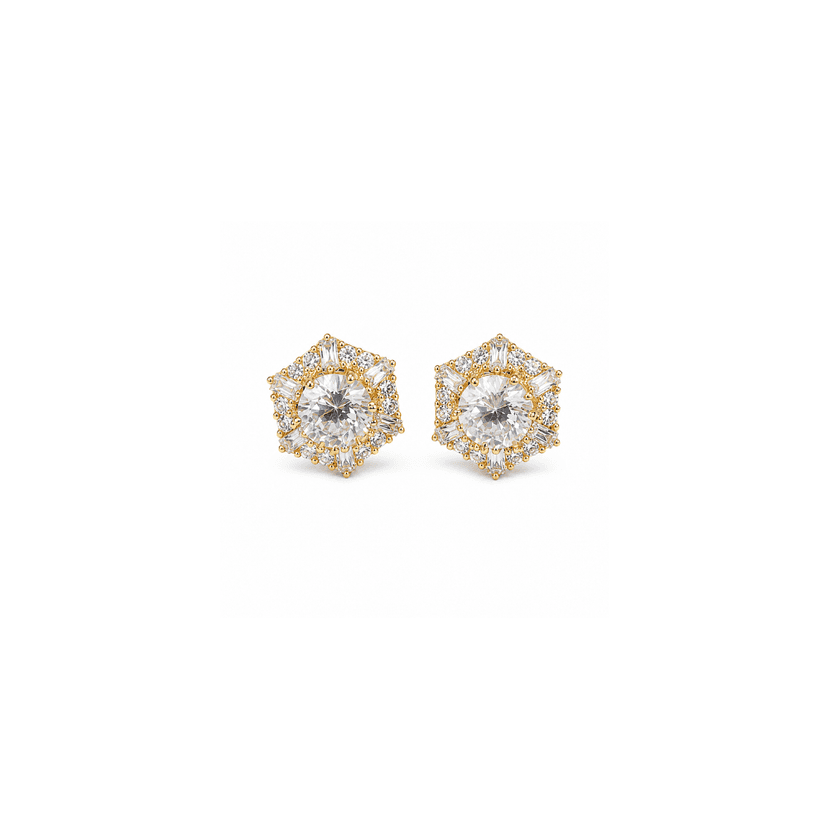 Gold Toned Radiant Hexagon Crystal Stud Earrings