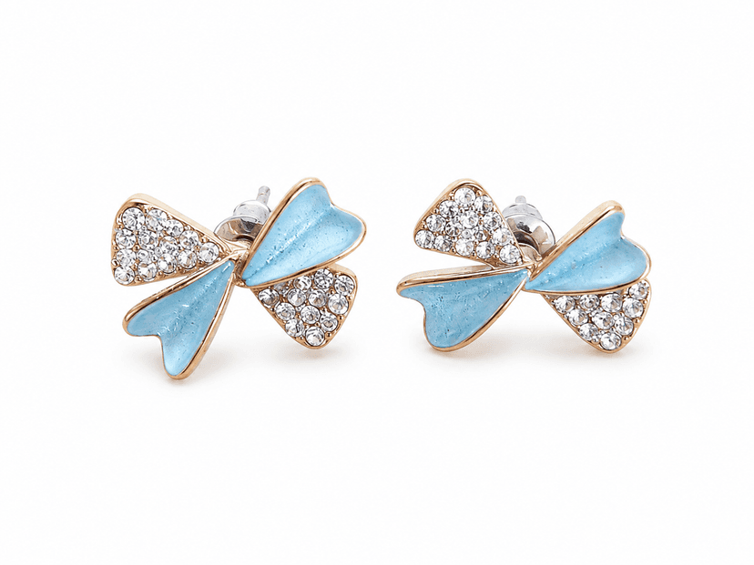 Blue Enamel Clover Crystal Stud Earrings