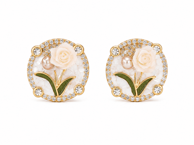 Gold Toned Blooming Rose Crystal Stud Earrings