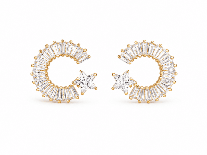 Celestial Crescent Star Crystal Stud Earrings