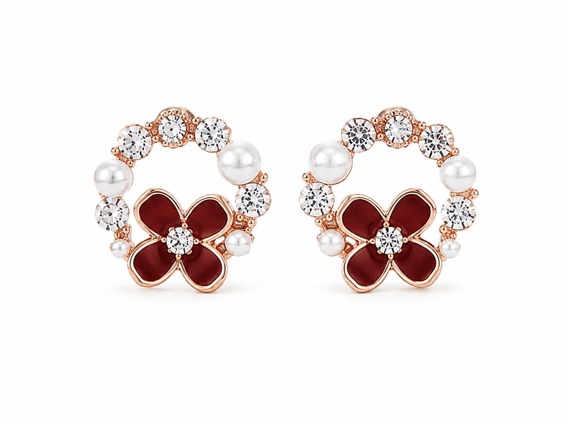 Ruby Blossom Pearl Crystal Stud Earrings