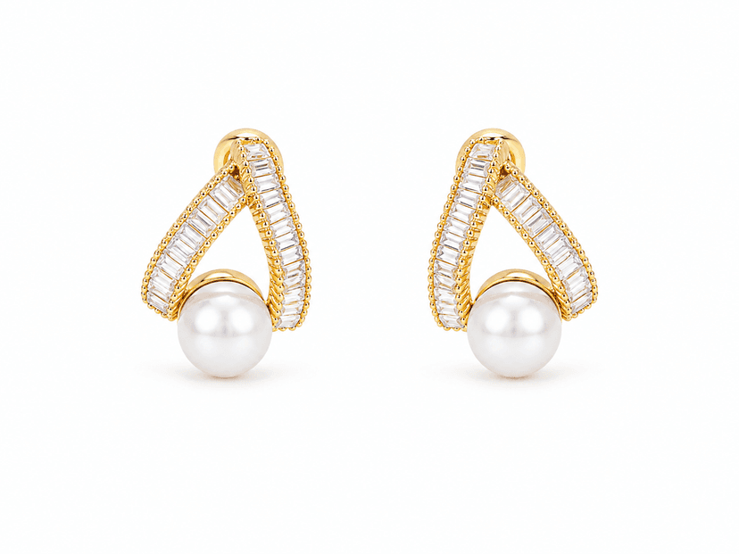 Gold Toned Pearl Elegance Baguette Crystal Stud Earrings