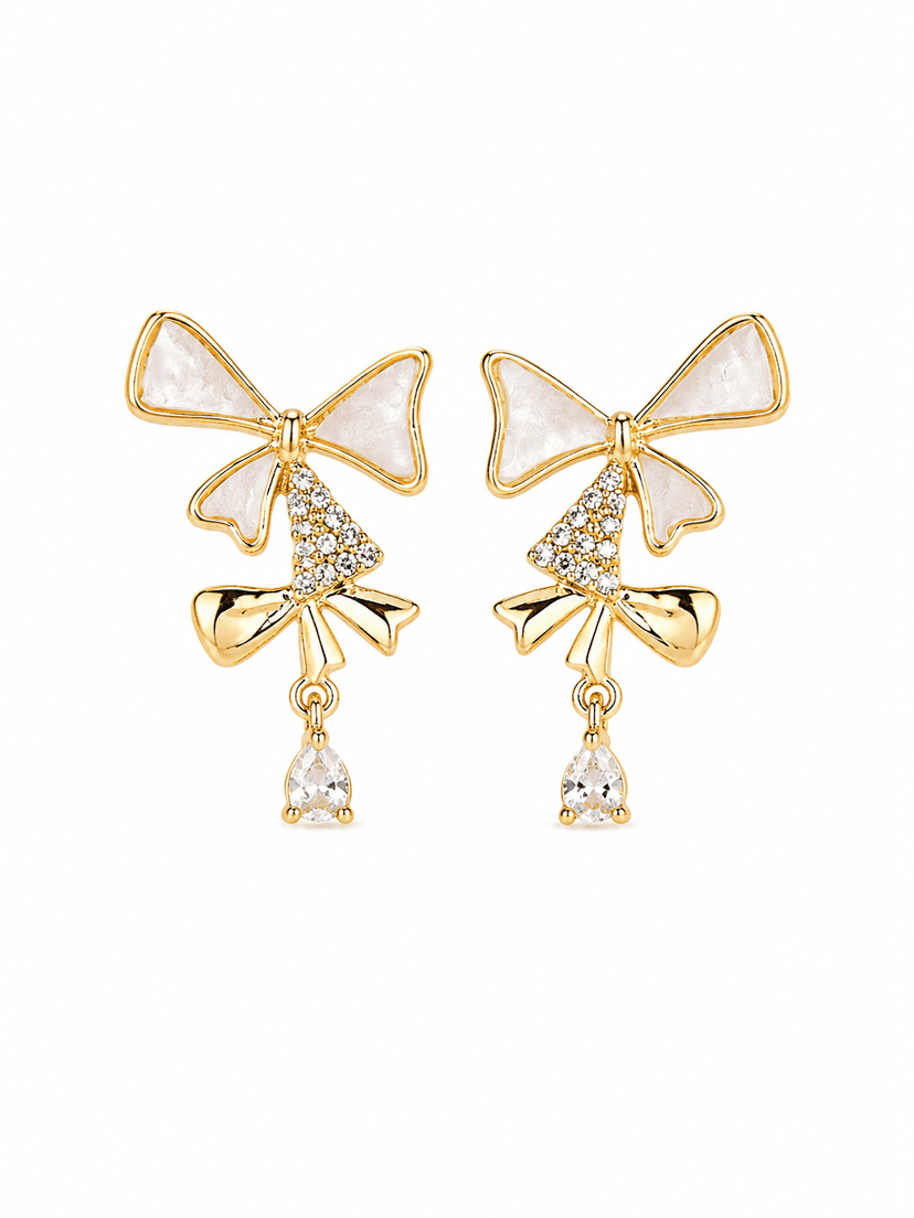 Golden Bow Crystal Drop Stud Earrings