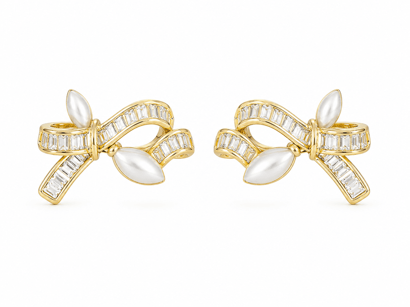 Elegant Gold-Tone Pearl Bow Stud Earrings with Crystal Accents