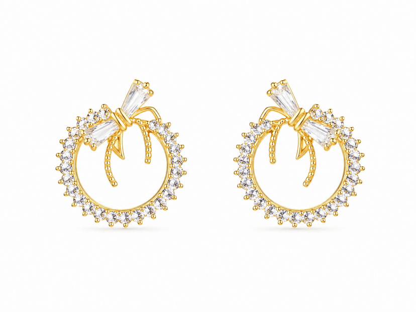 Elegant Crystal Bow Circle Stud Earrings