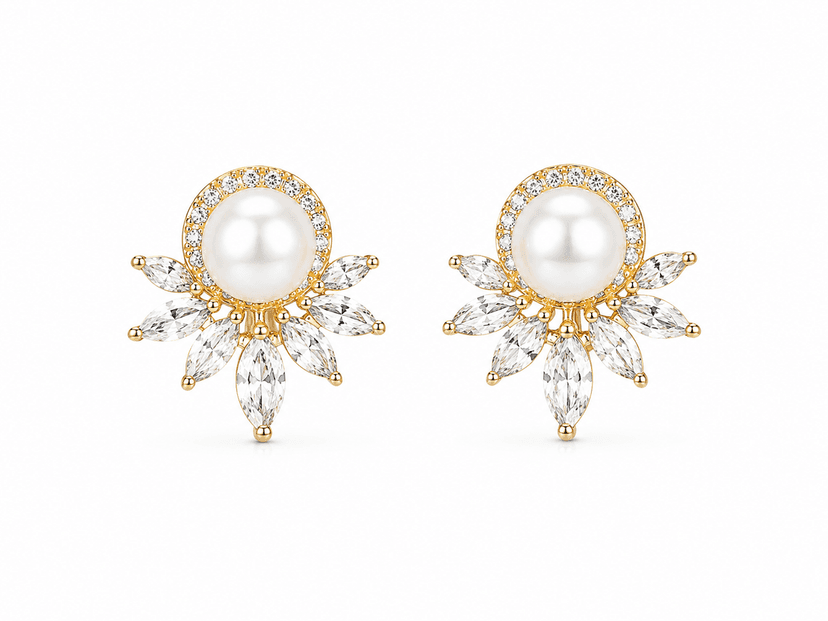 Elegant Pearl Floral Crystal Stud Earrings