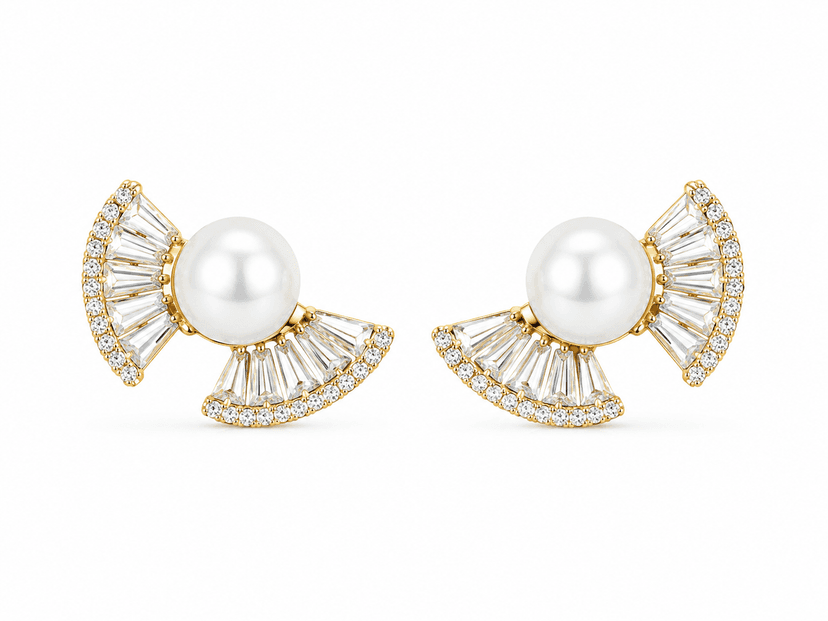 Elegant Pearl Fan Crystal Stud Earrings