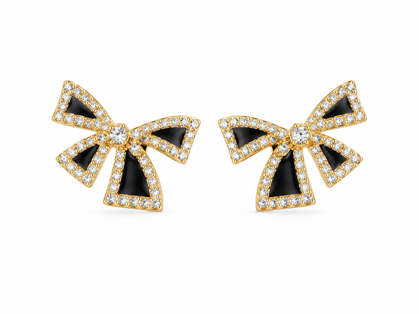 Elegant Black Enamel Bow Stud Earrings