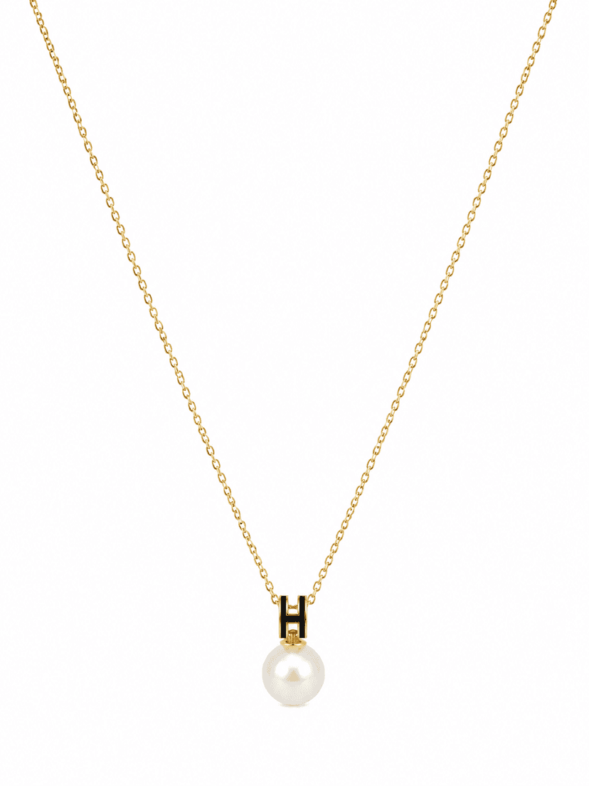 Elegant Pearl Pendant Necklace with Black Enamel Accent