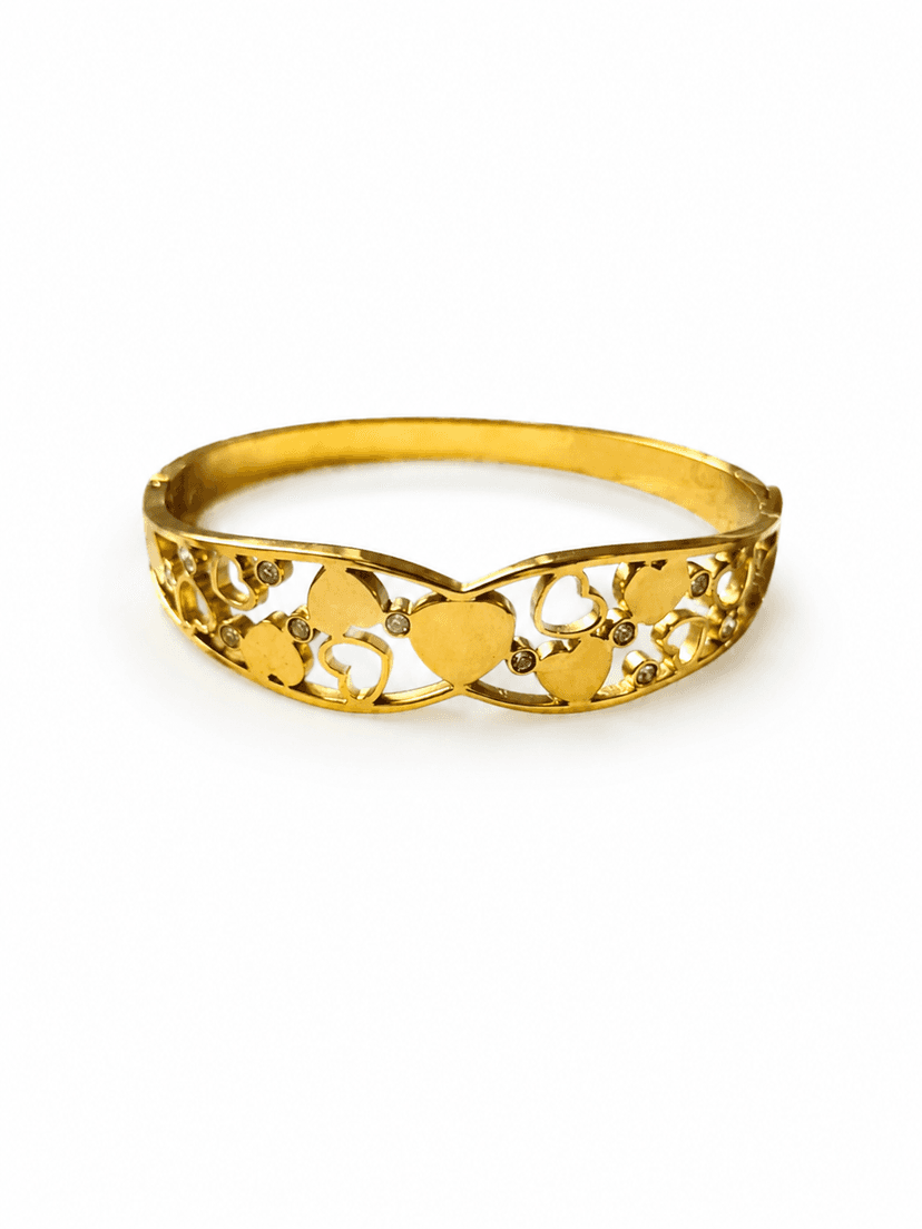 Romantic Gold-Toned Heart Filigree Crystal Bangle