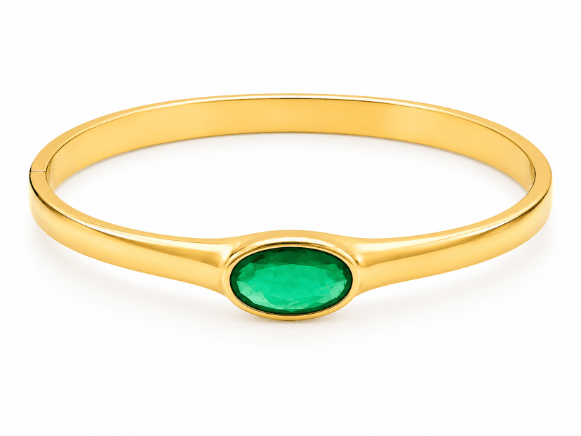 Elegant Gold-Tone Emerald Green Oval Stone Bangle