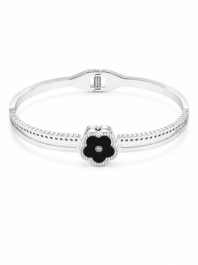 Elegant Black Clover Silver Bangle Bracelet