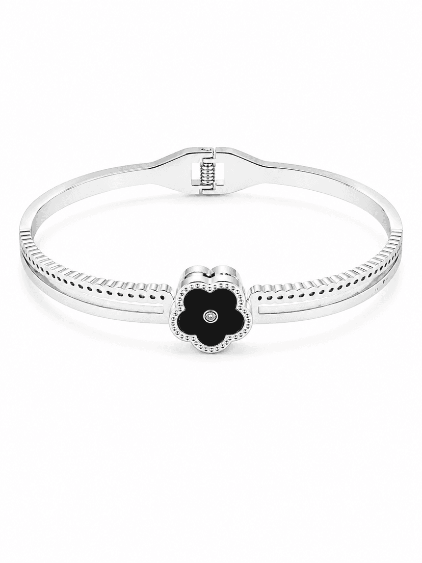 Elegant Black Clover Silver Bangle Bracelet